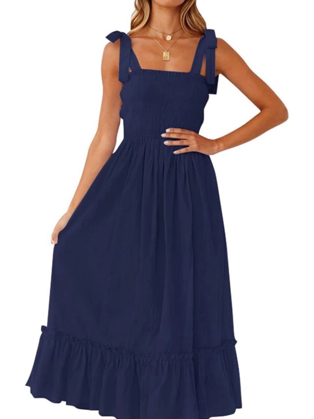 Smocked Navy Maxi Dress with Tie Straps